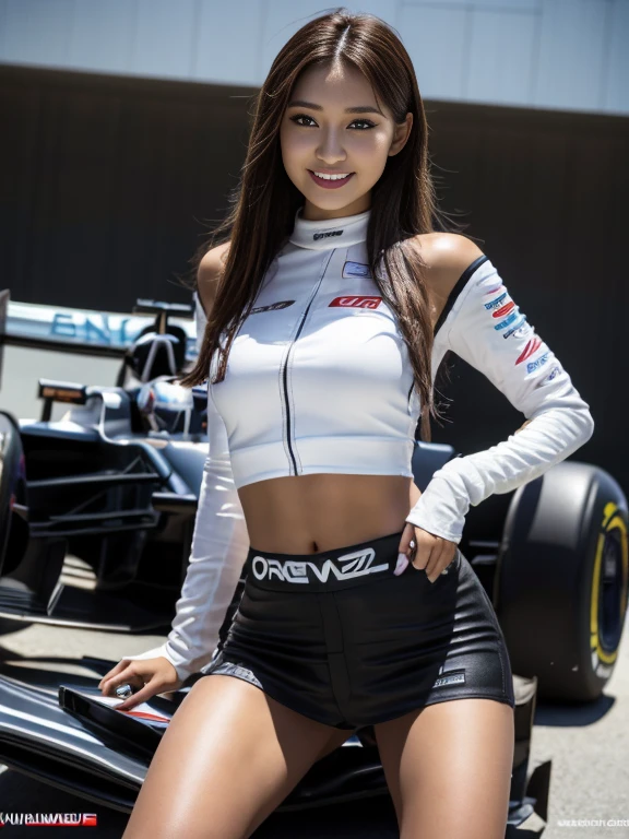 (((One Shoulder Girls Outfit))),(((Dynamic pose))),(((Abdominal Peek))),(((Show lower chest ))),(((Miniskirt lift))),(((Bare inner thighs))),(((Formula One racing car display))),Urzan-6500-v1.1, (Original photo:1.2), (Realistic:1.4), Beautiful and delicate girl, Very detailedな目と顔, Beautiful and delicate eyes,(Brown Skin),  Very detailed, High resolution, Highest quality,masterpiece, Very detailed, 8k wallpaper, wonderful, Fine details, Highest quality, There is Light on the face,Light,One Girl,),Beautiful Eyes,smile,Open your mouth,(sports car)),((car)),((motor Show))