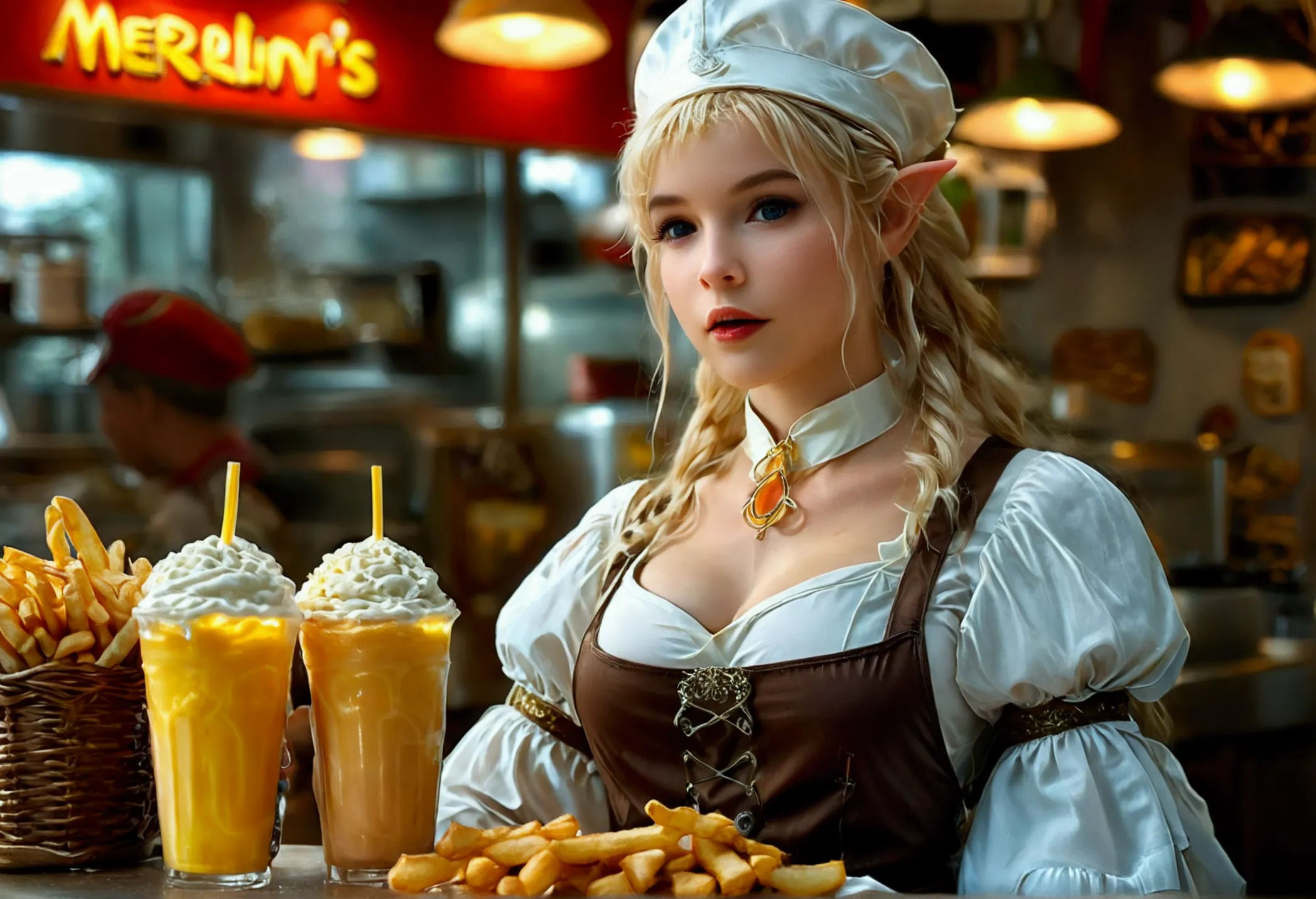 high fantasy, a fantasy fast food worker (elven princess, apron and cap, extreme beauty), working the counter at 'merlin's' . se...