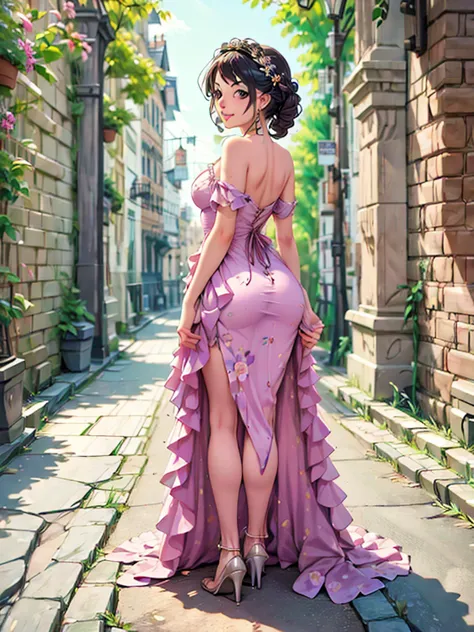 araffe woman in a floral dress standing in front of a brick wall, a pastel by Fyodor Rokotov, tumblr, rococo, romantic dress, be...