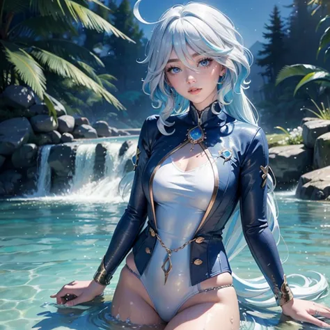 1 girl, lake scene, seat on the water, blue suit, white details on her clothes, waterfall, white flowers on focus, full moon, ni...