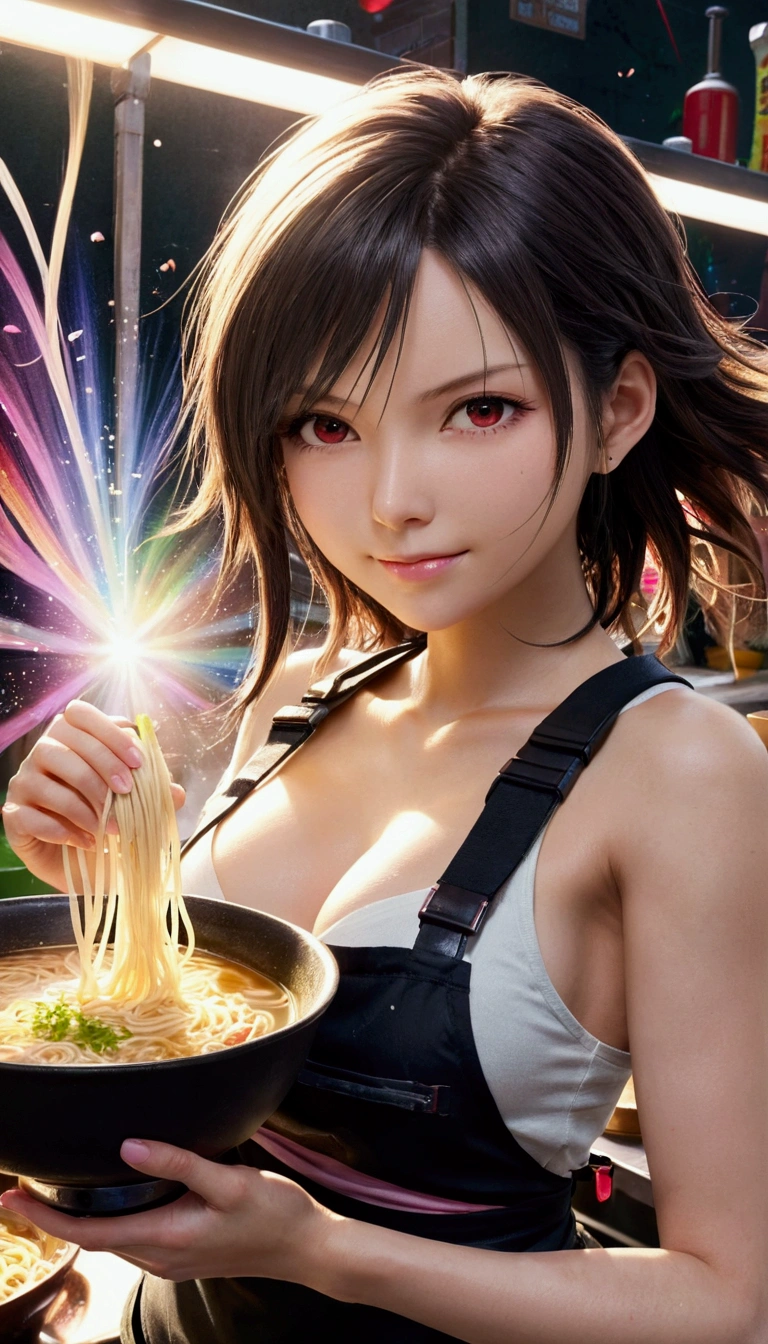 Highest quality, Super quality, 16K, Incredibly absurd, Very detailed, delicate and dynamic, SFW, Natural light, , Diffuse reflection of light, Vortex of Light, In-store pop, , Chinese food stall, Ramen stall, , Sparkling, Create amazing image effects, Kitchen, , (cute sexy girl, huge bouncing busts, sexy long legs, Ramen stallの調理人, Sensual expression, fine, Active, smile, Boil the noodles, Making Ramen, cauldron, Ramen bowl, Busy, Sweaty, black long hair, Naked Apron,,,)