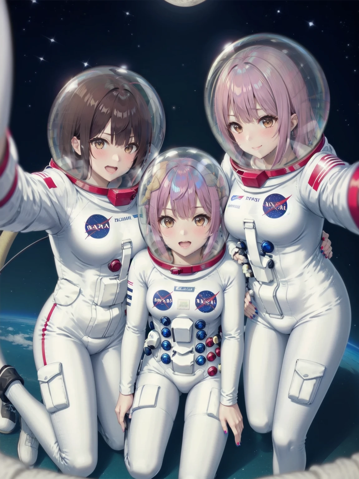 eva helm, spacesuit , astronaut), from above, pink hair, bubble helmet, space helmet,wearing a (spacesuit:1.15), white cargo pants, hovering, flying, moon surface, earth, floating pose, happy, smilebeautiful 8k wallpaper, highly advanced, (sleek design:1.3), intricate, highres, superb, 8k wallpaper, extremely detailed, intricate,(3girl:1.5), (three girl:1.5),,, intricate, approaching the viewer, looking at the viewer, pov, reaching out viewer, necklace, nail polish, looking at viewer, yuritamashi style, selfie, bubble helmet, space helmet,