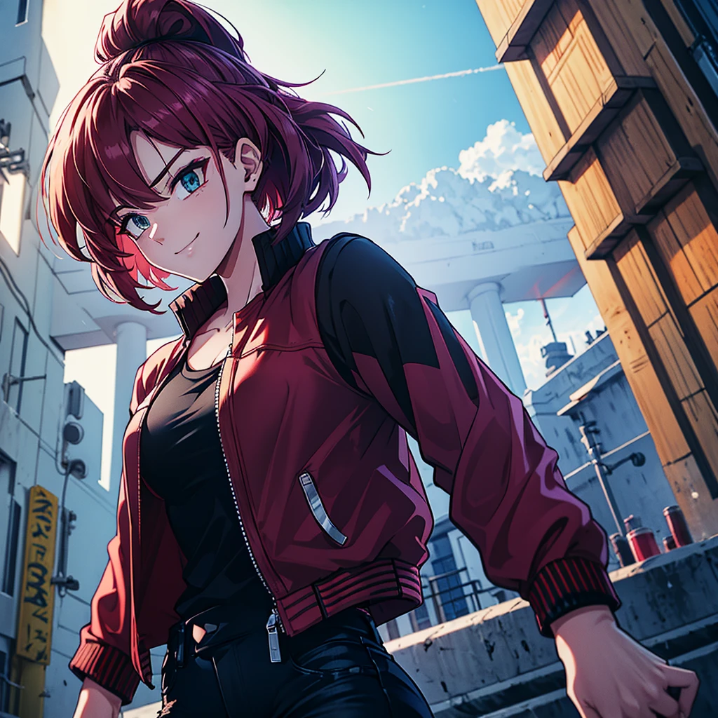 A dragon ball style teenager with dark cherry red hair., green eyes, and a neutral look, along with a smile, standing on top of a building with sunlight behind her, The hair is tied in a low ponytail and is very messy.., he has dark circles under his eyes, she is wearing a navy blue jacket, black t-shirt and black jeans, muscular frame, she looks dangerous and threatening, a tender smile. Ultra resolution, 4k 