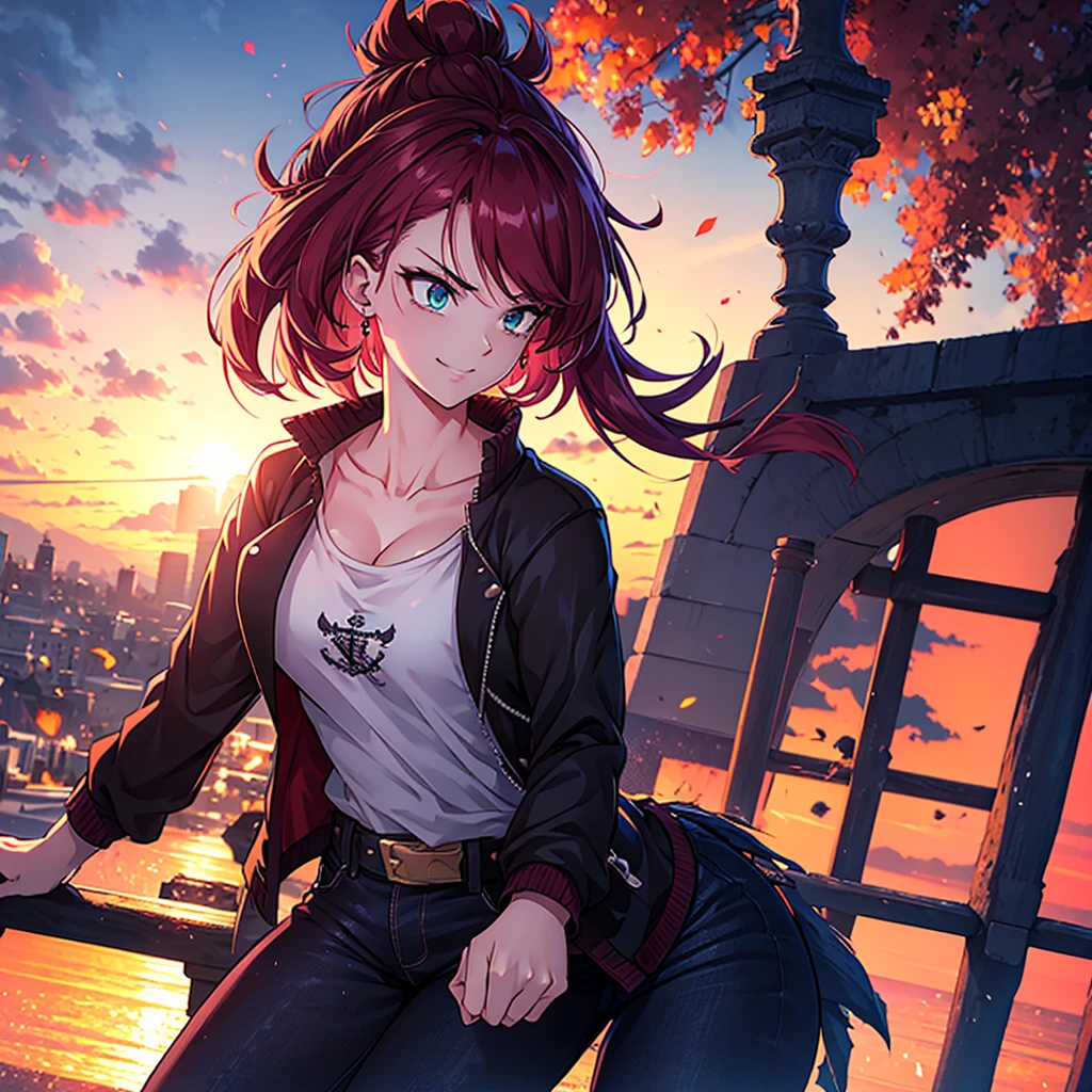 A dragon ball style teenager with dark cherry red hair., green eyes, and a neutral look, along with a smile, standing on top of a building with sunlight behind her, The hair is tied in a low ponytail and is very messy.., he has dark circles under his eyes, she is wearing a navy blue jacket, black t-shirt and black jeans, muscular frame, she looks dangerous and threatening, a tender smile. Ultra resolution, 4k 