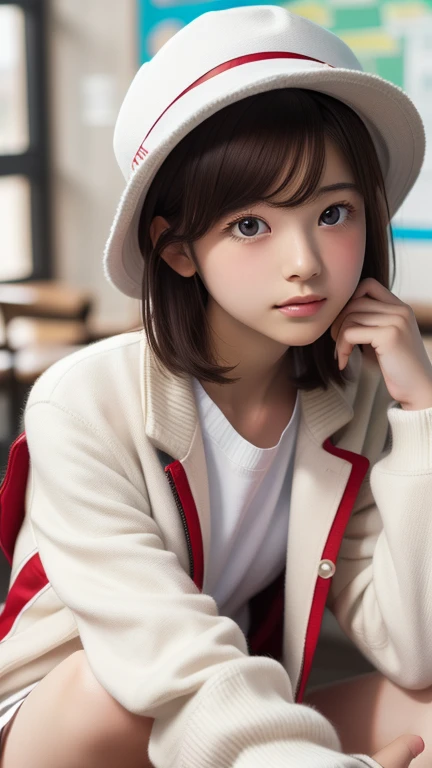 Katoumegumi, Megumi Katou, Brown Hair, short hair, (Brown eyes:1.7), 
break hat, Jacket, Long sleeve, Knee socks, White Hat, white Knee socks, dress, white dress, (red Jacket:1.5), (White Hat:1.5), Open cardigan, Open clothes,
break looking at viewer,
break indoors, classroom,
break (masterpiece:1.2), Highest quality, High resolution, unity 8k wallpaper, (figure:0.8), (Beautiful attention to detail:1.6), Highly detailed face, Perfect lighting, Highly detailed CG, (Perfect hands, Perfect Anatomy),