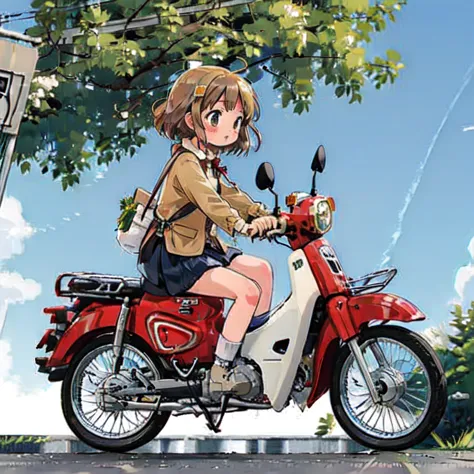 (masterpiece, highest quality:1.2), reality、 alone、a cute girl riding a green honda super cub modified car with her legs spread，...