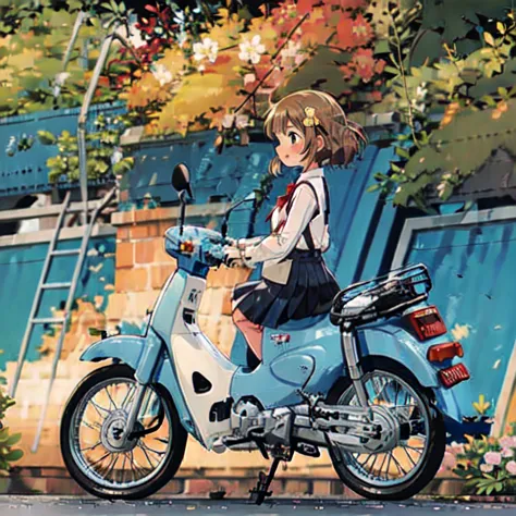 (masterpiece, highest quality:1.2), reality、 alone、a cute girl riding a green honda super cub modified car with her legs spread，...