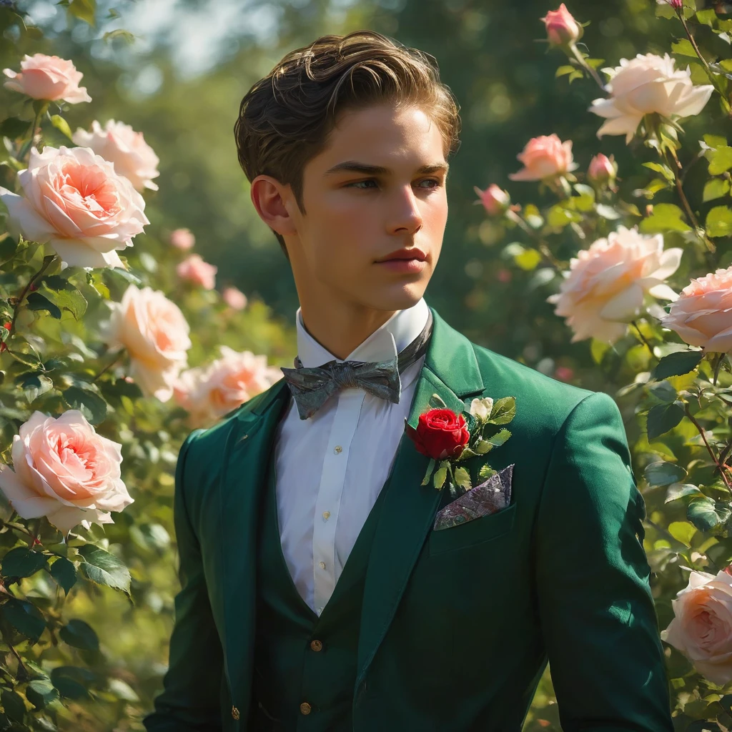 Create an image of a young man inspired by the characteristics of the rose 'The Prince.' He standing with a relaxed yet confident posture, one hand resting lightly on a hip while the other gently brushes against a rose bush. His clothing should feature deep rich colors like dark purple and crimson red, with a tailored, Victorian-inspired suit adorned with intricate embroidery and subtle thorn-like details on his accessories. His attire should echo the complex, multi-petaled structure of the rose, with layers and textures that add depth to his appearance. The composition should center on the young man, with a slight off-center placement to draw the eye towards him while still incorporating the lush green garden background. The lighting should be soft and diffused, with golden-hour sunlight filtering through the leaves, creating a warm, inviting atmosphere. Use a shallow depth of field to keep the focus on the subject while gently blurring the background, enhancing the dreamy, almost ethereal quality of the scene. The environment should be a well-tended garden, with glossy green leaves and blooming roses that match the man's attire, creating a harmonious blend between the subject and his surroundings. The atmosphere should be serene and regal, with a hint of mystery and romance. Photography techniques should include a low-angle shot to emphasize the young man's stature and elegance, and a slight tilt to add a dynamic element to the composition. Use a full-frame DSLR or mirrorless camera, such as a Canon EOS R5 or a Sony A7R IV, paired with a prime lens like an 85mm f/1.4 to achieve a beautiful bokeh effect and sharp subject focus. For inspiration, consider the works of photographers like Tim Walker, known for his fantastical and richly detailed fashion photography, which often features elements of nature and a dreamlike quality.