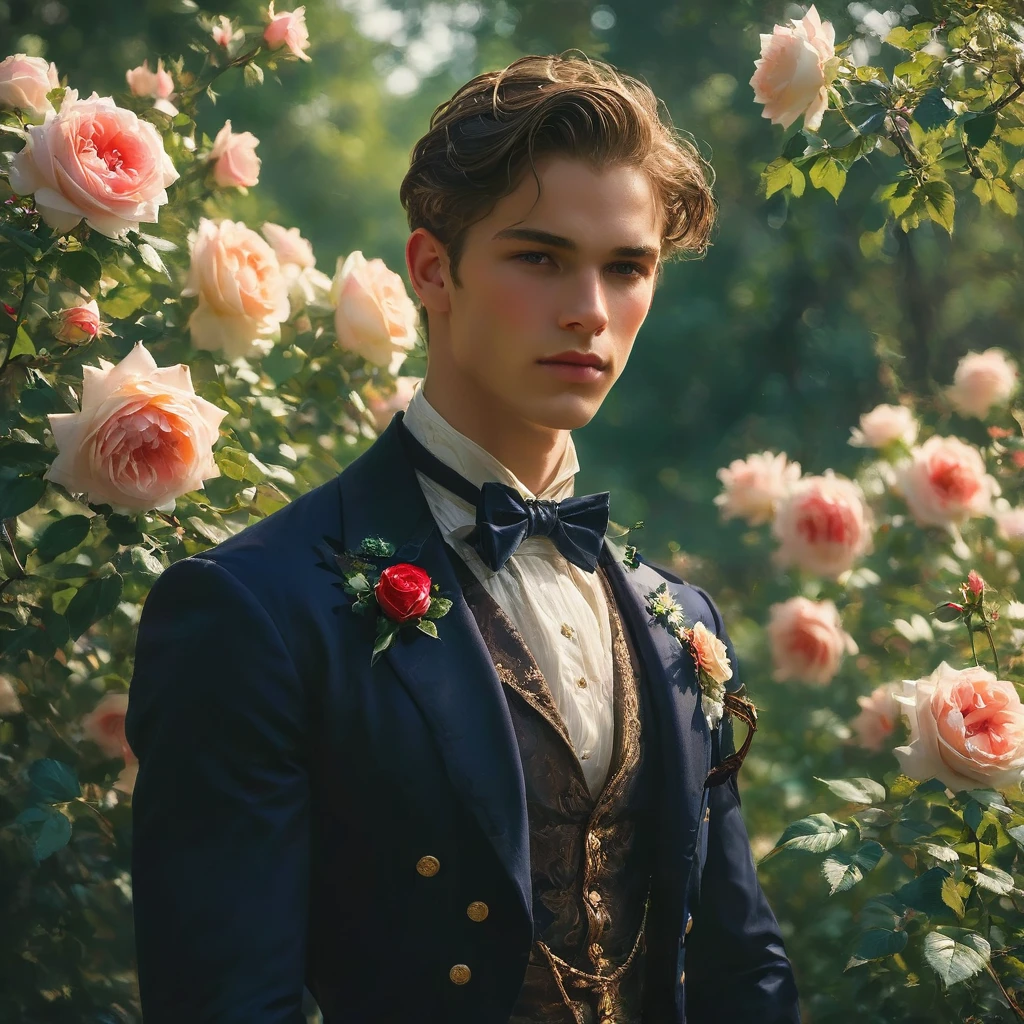 Create an image of a young man inspired by the characteristics of the rose 'The Prince.' He standing with a relaxed yet confident posture, one hand resting lightly on a hip while the other gently brushes against a rose bush. His clothing should feature deep rich colors like dark purple and crimson red, with a tailored, Victorian-inspired suit adorned with intricate embroidery and subtle thorn-like details on his accessories. His attire should echo the complex, multi-petaled structure of the rose, with layers and textures that add depth to his appearance. The composition should center on the young man, with a slight off-center placement to draw the eye towards him while still incorporating the lush green garden background. The lighting should be soft and diffused, with golden-hour sunlight filtering through the leaves, creating a warm, inviting atmosphere. Use a shallow depth of field to keep the focus on the subject while gently blurring the background, enhancing the dreamy, almost ethereal quality of the scene. The environment should be a well-tended garden, with glossy green leaves and blooming roses that match the man's attire, creating a harmonious blend between the subject and his surroundings. The atmosphere should be serene and regal, with a hint of mystery and romance. Photography techniques should include a low-angle shot to emphasize the young man's stature and elegance, and a slight tilt to add a dynamic element to the composition. Use a full-frame DSLR or mirrorless camera, such as a Canon EOS R5 or a Sony A7R IV, paired with a prime lens like an 85mm f/1.4 to achieve a beautiful bokeh effect and sharp subject focus. For inspiration, consider the works of photographers like Tim Walker, known for his fantastical and richly detailed fashion photography, which often features elements of nature and a dreamlike quality.