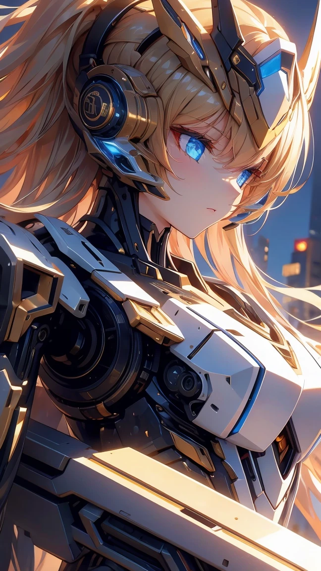 ((masterpiece)), (textured skin), ((high details)), best quality, award winning, 8k, beautiful woman, Mecha girl (black and gold machine parts), (mechanical body:1.2), Armament made up of complex parts, android woman, gradient hair, blonde hair, Night sky, neon lights, megalopolis, rifle