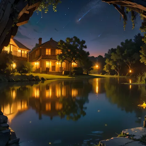 a serene Louisiana bayou scene with fireflies and an old plantation house, beautiful, sparkling, fireflys, cave, cavern
