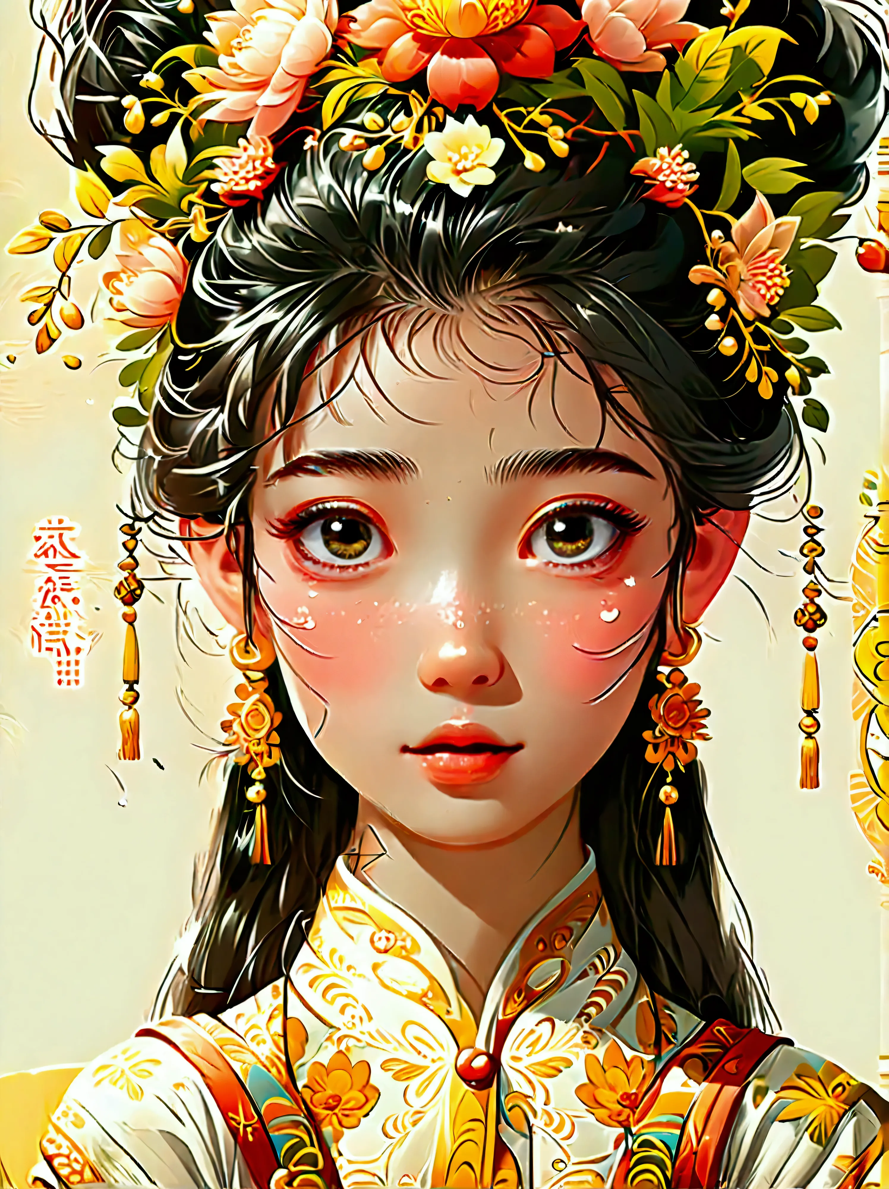 Cute and humorous Q version Chinese girl，big eyes，bust，sticker，6 different facial expressions，expression board，Various poses and...