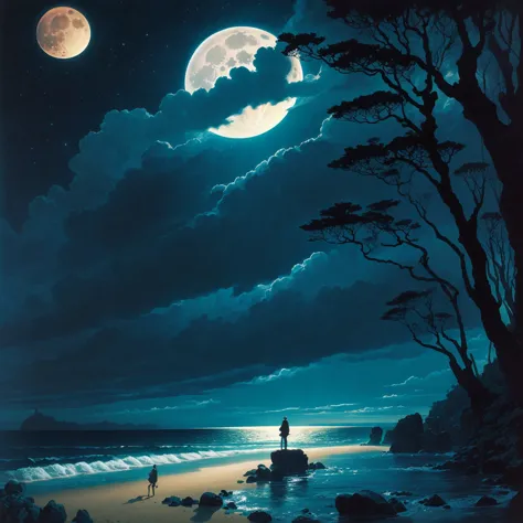 painting of a full moon over a beach with rocks and trees, michael whelan and gustave done, by eyvind earle, by chris moore, ins...