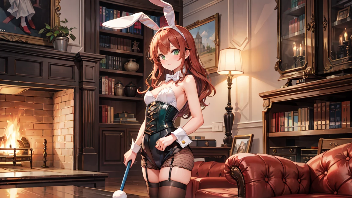 "A beautiful British bunny girl, wearing a sophisticated and stylish bunny outfit. She has auburn hair styled in loose curls, green eyes, and a confident expression. The outfit includes a Union Jack-themed corset, black fishnet stockings, and a pair of fluffy white bunny ears with a small British flag pin. She is holding a classic British umbrella. She is standing in a luxurious British manor with vintage furniture, a grand fireplace, and a large bookshelf filled with classic literature in the background. The atmosphere is elegant and refined, capturing the charm of British culture."
