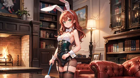 "A beautiful British bunny girl, wearing a sophisticated and stylish bunny outfit. She has auburn hair styled in loose curls, gr...