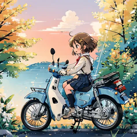 (masterpiece, highest quality:1.2), reality、 alone、a cute girl riding a green honda super cub modified car with her legs spread，...