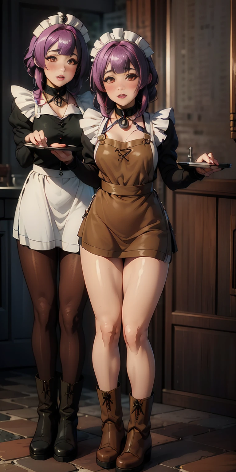 full body standing straight symmetrical, lustful smirking smile face red blush red cheeks, looking at viewer, holding tray, braid, maid headdress, maid, dress, apron, long sleeves, brown pantyhose, long leather militar boots, thighs, long white hair, masterpiece