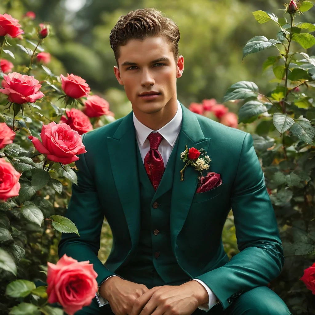 Create an image of a young man inspired by the characteristics of the rose 'The Prince.' He standing with a relaxed yet confident posture, one hand resting lightly on a hip while the other gently brushes against a rose bush. His clothing should feature deep rich colors like dark purple and crimson red, with a tailored, Victorian-inspired suit adorned with intricate embroidery and subtle thorn-like details on his accessories. His attire should echo the complex, multi-petaled structure of the rose, with layers and textures that add depth to his appearance. The composition should center on the young man, with a slight off-center placement to draw the eye towards him while still incorporating the lush green garden background. The lighting should be soft and diffused, with golden-hour sunlight filtering through the leaves, creating a warm, inviting atmosphere. Use a shallow depth of field to keep the focus on the subject while gently blurring the background, enhancing the dreamy, almost ethereal quality of the scene. The environment should be a well-tended garden, with glossy green leaves and blooming roses that match the man's attire, creating a harmonious blend between the subject and his surroundings. The atmosphere should be serene and regal, with a hint of mystery and romance. Photography techniques should include a low-angle shot to emphasize the young man's stature and elegance, and a slight tilt to add a dynamic element to the composition. Use a full-frame DSLR or mirrorless camera, such as a Canon EOS R5 or a Sony A7R IV, paired with a prime lens like an 85mm f/1.4 to achieve a beautiful bokeh effect and sharp subject focus. For inspiration, consider the works of photographers like Tim Walker, known for his fantastical and richly detailed fashion photography, which often features elements of nature and a dreamlike quality.