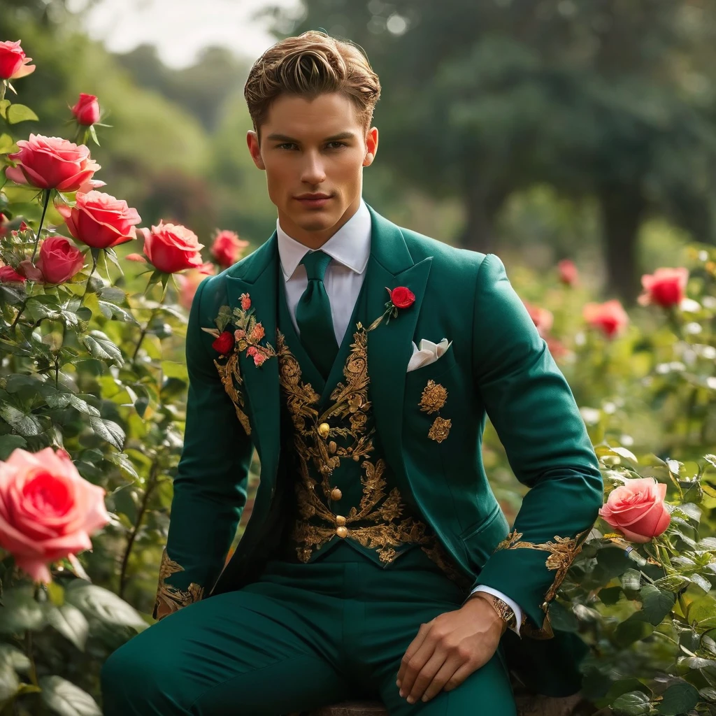 Create an image of a young man inspired by the characteristics of the rose 'The Prince.' He standing with a relaxed yet confident posture, one hand resting lightly on a hip while the other gently brushes against a rose bush. His clothing should feature deep rich colors like dark purple and crimson red, with a tailored, Victorian-inspired suit adorned with intricate embroidery and subtle thorn-like details on his accessories. His attire should echo the complex, multi-petaled structure of the rose, with layers and textures that add depth to his appearance. The composition should center on the young man, with a slight off-center placement to draw the eye towards him while still incorporating the lush green garden background. The lighting should be soft and diffused, with golden-hour sunlight filtering through the leaves, creating a warm, inviting atmosphere. Use a shallow depth of field to keep the focus on the subject while gently blurring the background, enhancing the dreamy, almost ethereal quality of the scene. The environment should be a well-tended garden, with glossy green leaves and blooming roses that match the man's attire, creating a harmonious blend between the subject and his surroundings. The atmosphere should be serene and regal, with a hint of mystery and romance. Photography techniques should include a low-angle shot to emphasize the young man's stature and elegance, and a slight tilt to add a dynamic element to the composition. Use a full-frame DSLR or mirrorless camera, such as a Canon EOS R5 or a Sony A7R IV, paired with a prime lens like an 85mm f/1.4 to achieve a beautiful bokeh effect and sharp subject focus. For inspiration, consider the works of photographers like Tim Walker, known for his fantastical and richly detailed fashion photography, which often features elements of nature and a dreamlike quality.