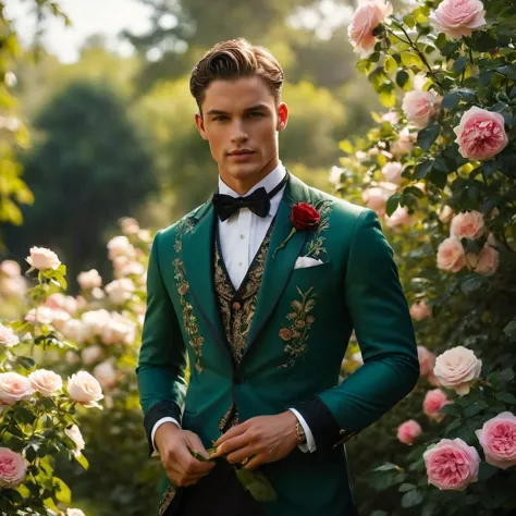 Create an image of a young man inspired by the characteristics of the rose 'The Prince.' He standing with a relaxed yet confiden...