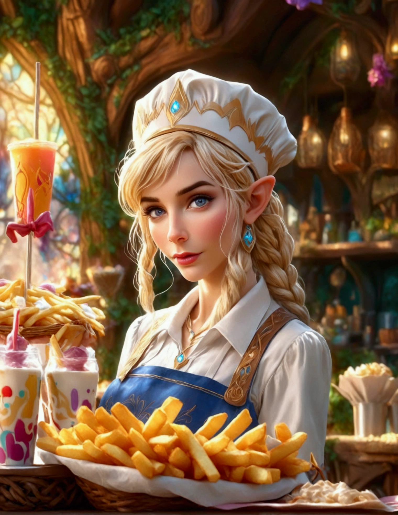 A beautiful elven princess working as a fast food server at Merlin's, wearing an apron and cap, serving magic milkshakes and baskets of fries, high fantasy, extremely detailed, intricate details, photorealistic, 8k, dramatic lighting, vivid colors, cinematic composition, fantasy elements, fantasy food, fantasy restaurant interior
