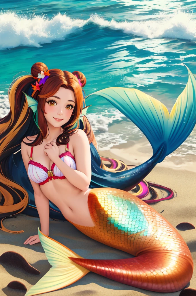 masterpiece, best quality:1.2), 1girl, smile, looking at viewer, brown hair in one bun with hair sticks, golden eyes, multicolored hair, mermaid, multicolored mermaid tail, laying on beach, fin ears, head fins, seashell bra, by orchid flowers