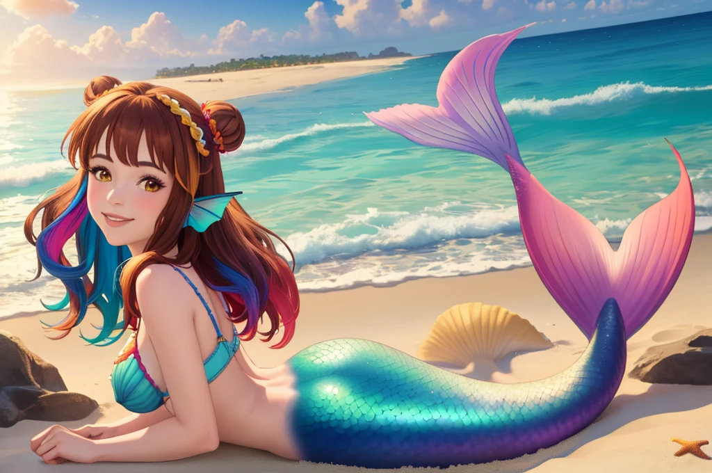 masterpiece, best quality:1.2), 1girl, smile, looking at viewer, brown hair in one bun with hair sticks, golden eyes, multicolored hair, mermaid, multicolored mermaid tail, laying on beach, fin ears, head fins, seashell bra, by orchid flowers