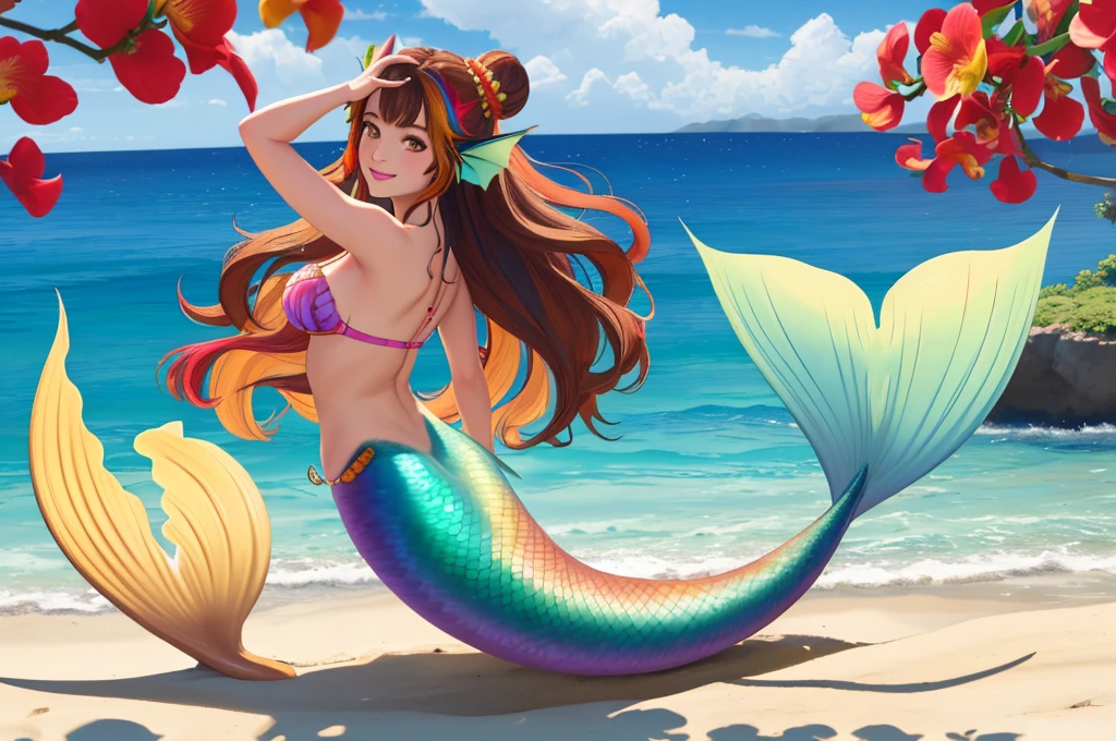 masterpiece, best quality:1.2), 1girl, smile, looking at viewer, brown hair in one bun with hair sticks, golden eyes, multicolored hair, mermaid, multicolored mermaid tail, laying on beach, fin ears, head fins, seashell bra, by orchid flowers