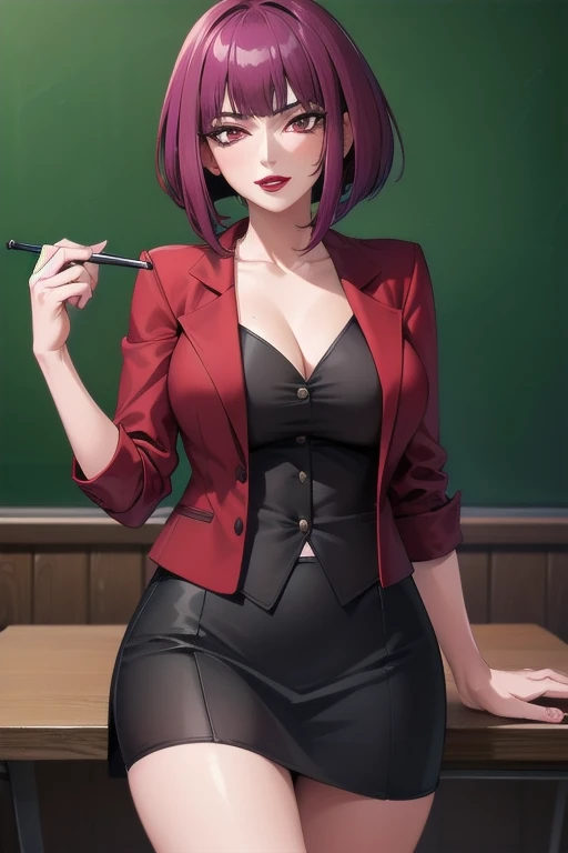 ((Highest quality)), ((masterpiece)), (Familiar), Hazy, One Woman, Mature Woman,Purple Hair, short hair, bangs, eye shadow, Low Ponytail, lipstick, compensate, Detailed face, Red eyes,Large Breasts, Black jacket, White shirt, teacher,Suit skirt, Cowboy Shot