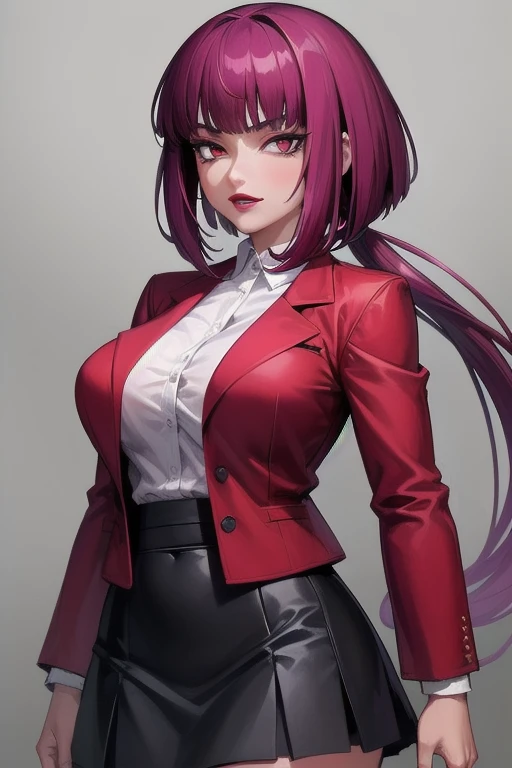 ((Highest quality)), ((masterpiece)), (Familiar), Hazy, One Woman, Mature Woman,Purple Hair, short hair, bangs, eye shadow, Low Ponytail, lipstick, compensate, Detailed face, Red eyes,Large Breasts, Black jacket, White shirt, teacher,Suit skirt, Cowboy Shot