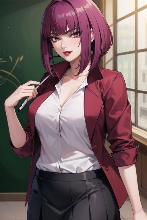 ((Highest quality)), ((masterpiece)), (Familiar), Hazy, One Woman, Mature Woman,Purple Hair, short hair, bangs, eye shadow, Low Ponytail, lipstick, compensate, Detailed face, Red eyes,Large Breasts, Black jacket, White shirt, teacher,Suit skirt, Cowboy Shot