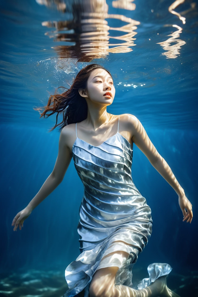 Image of a beautiful young Asian woman in a silver dress submerged in the ocean, Light skin, Clear ripples and reflections, Cool color palette of blue and white, high contrast lighting, Young people, Realism photography, Inspired by Zena Holloway, Highest quality