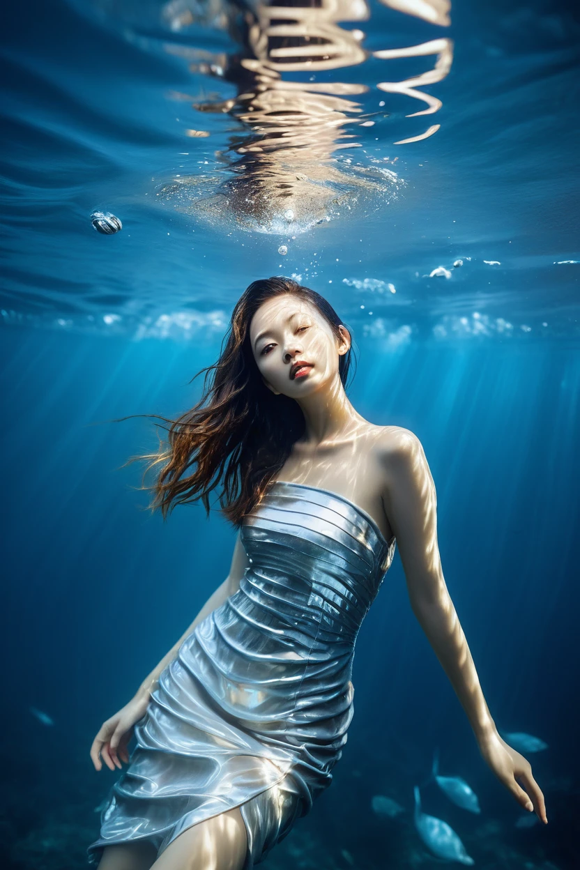 Image of a beautiful young Asian woman in a silver dress submerged in the ocean, Light skin, Clear ripples and reflections, Cool color palette of blue and white, high contrast lighting, Young people, Realism photography, Inspired by Zena Holloway, Highest quality