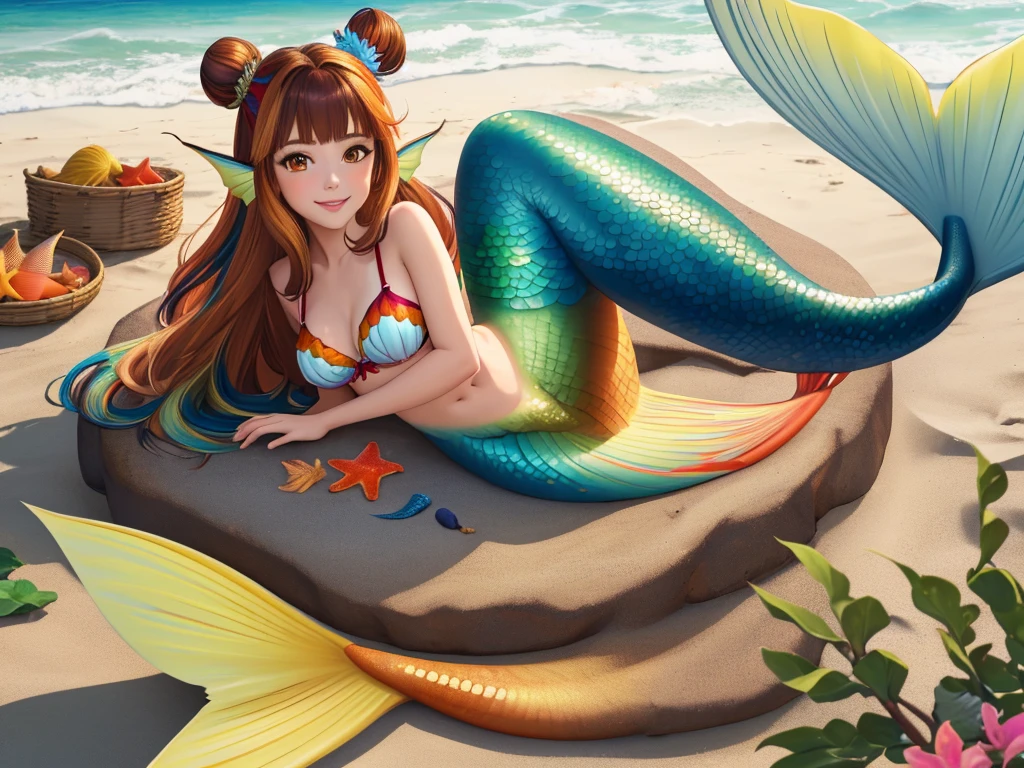 masterpiece, best quality:1.2), 1girl, smile, looking at viewer, brown hair in one bun with hair sticks, golden eyes, multicolored hair, mermaid, multicolored golden mermaid tail, laying on beach, fin ears, head fins, seashell bra, by orchid flowers