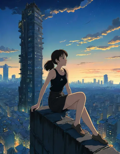 a girl in a black top sits on the edge of a skyscraper, studio ghibli, cityscape, detailed description, official art, kavasi sty...