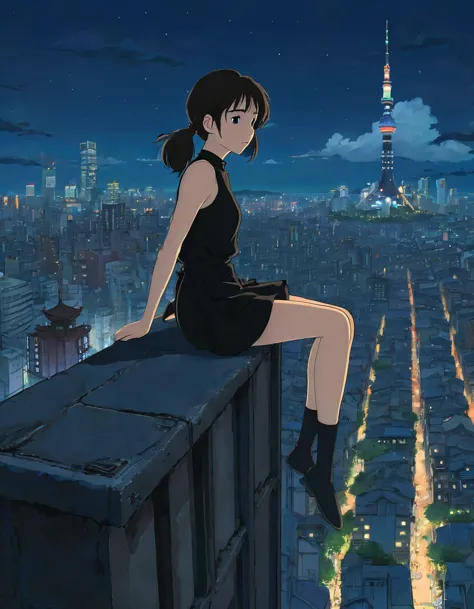 a girl in a black top sits on the edge of a skyscraper, studio ghibli, cityscape, detailed description, official art, kavasi sty...