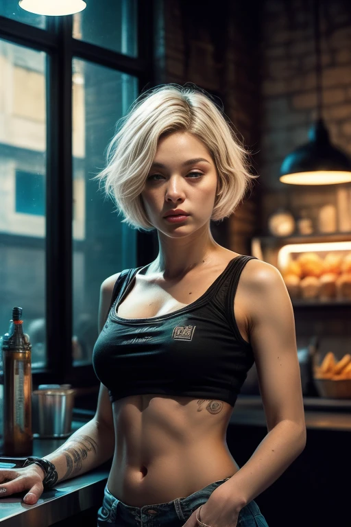 Short white hair、Muscular、6 Pack Abs、Beautiful cyborg woman working in a burger shop、Relaxed facial expression、Facial blemishes、(Highest quality、4K、8K、High resolution、masterpiece:1.2)、Super detailed、(Real、Photorealistic、Photorealistic:1.37)、Highly detailed face、Detailed eyes、Long eyelashes、Beautiful Lips、Detailed muscles、Complex Cybernetic Enhancements、Neon lit interior of a burger joint、Chrome Accents、Cinematic lighting、Moody colors、sf、Concept Art