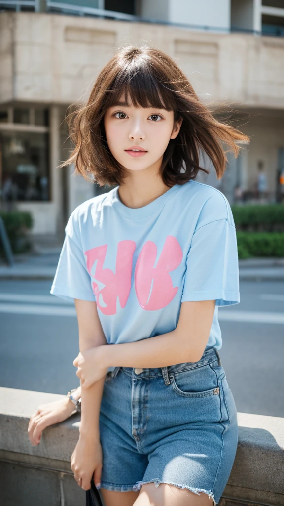 (top-quality、16K resolution) 1 girl、solo、natural soft light、Looking at the camera、sexy  T-shirt、Concrete background、Facing the front、is standing、bobhair、Woman in her late teens、Light bangs、short-hair、Salon model、Natural look、portlate、floated hair、Rolled hair, sexy blue jean, pink shoes, background on street