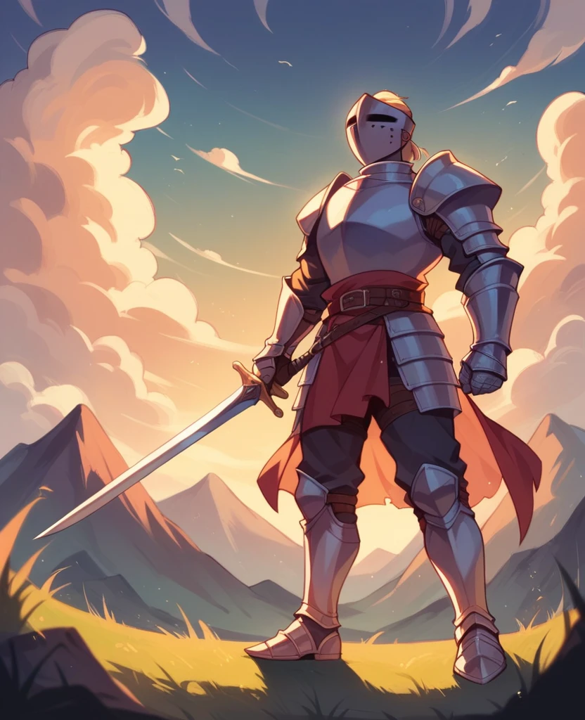 A knight with his sword at sunset