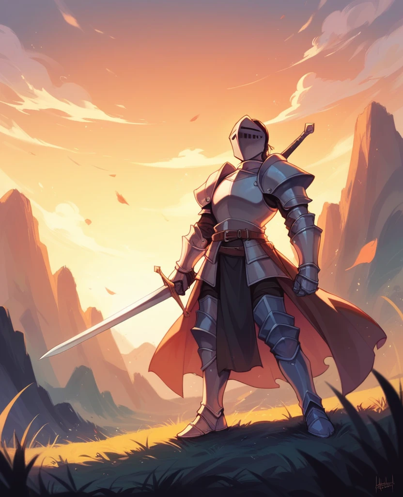 A knight with his sword at sunset