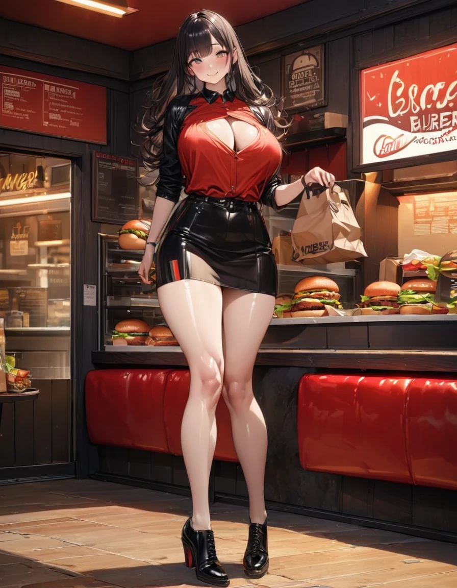 Young beautiful woman,(Highest quality,Extremely detailed depiction,Incredibly absurd high resolution,Anatomically accurate depiction,Curvy Legs,SFW),(Glowing Skin,Shiny skin),セクシーなBurger Shopの店員,Burger Shopの制服,Burger Shopの帽子,Burger Shopで接客中,paper bag,There is cleavage in the chest,smile,background:Burger Shop