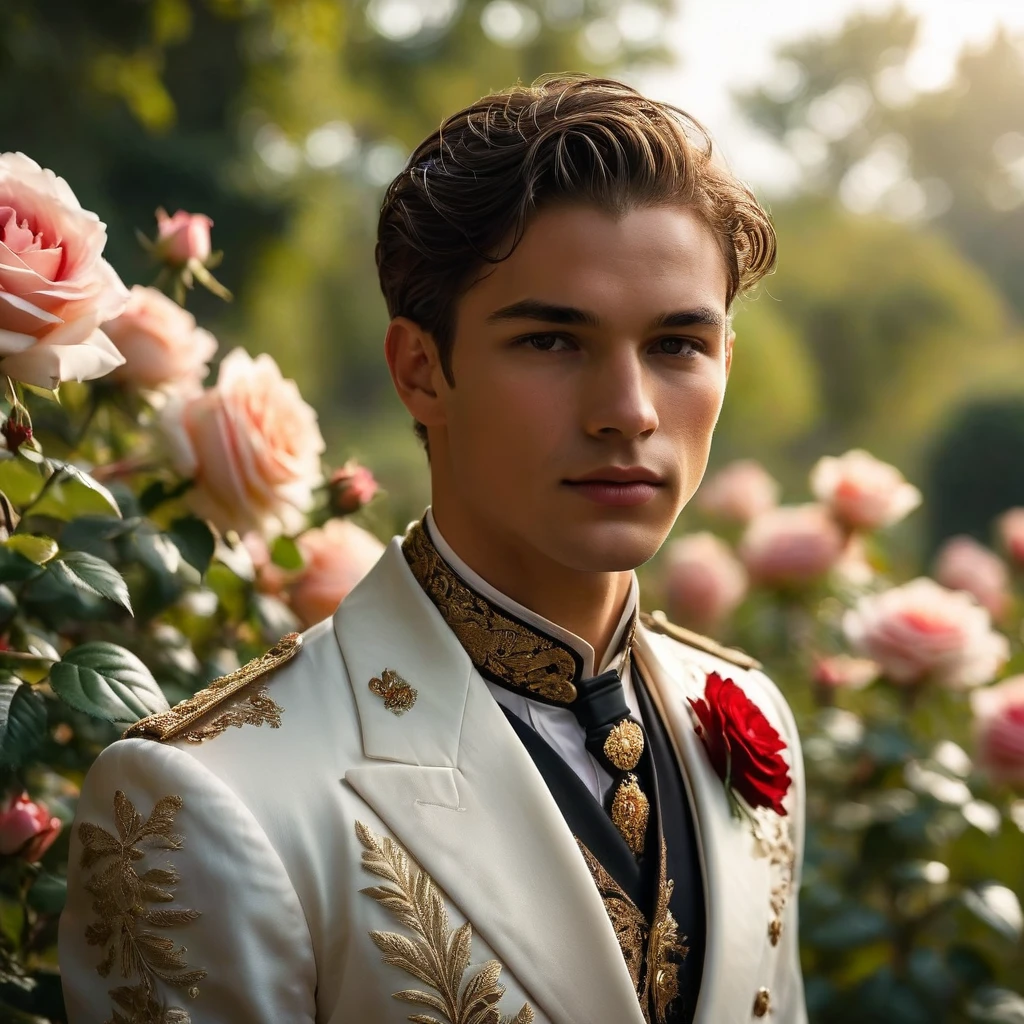 Create an image of a young man inspired by the characteristics of the rose 'The Prince.' He standing with a relaxed yet confident posture, against a red rose bush. His clothing feature deep rich dark red-purple color, with a tailored, Victorian-inspired robe adorned with intricate embroidery and subtle thorn-like details on his accessories. His attire should echo the complex, multi-petaled structure of the rose, with layers and textures that add depth to his appearance. The composition should center on the young man, with a slight off-center placement to draw the eye towards him while still incorporating of garden background. The lighting should be soft and diffused, with golden-hour sunlight filtering through the leaves, creating a warm, inviting atmosphere. Use a shallow depth of field to keep the focus on the subject while gently blurring the background, enhancing the dreamy, almost ethereal quality of the scene. The environment should be a well-tended garden, with glossy green leaves and blooming roses that match the man's attire, creating a harmonious blend between the subject and his surroundings. The atmosphere should be serene and regal, with a hint of mystery and romance. Photography techniques should include a low-angle shot to emphasize the young man's stature and elegance, and a slight tilt to add a dynamic element to the composition. Use a full-frame DSLR or mirrorless camera, such as a Canon EOS R7 paired with a prime lens like an 85mm f/1.4 to achieve a beautiful bokeh effect and sharp subject focus. by Tim Walker known for his fantastical and richly detailed fashion photography, which often features elements of nature and a dreamlike Hight quality.