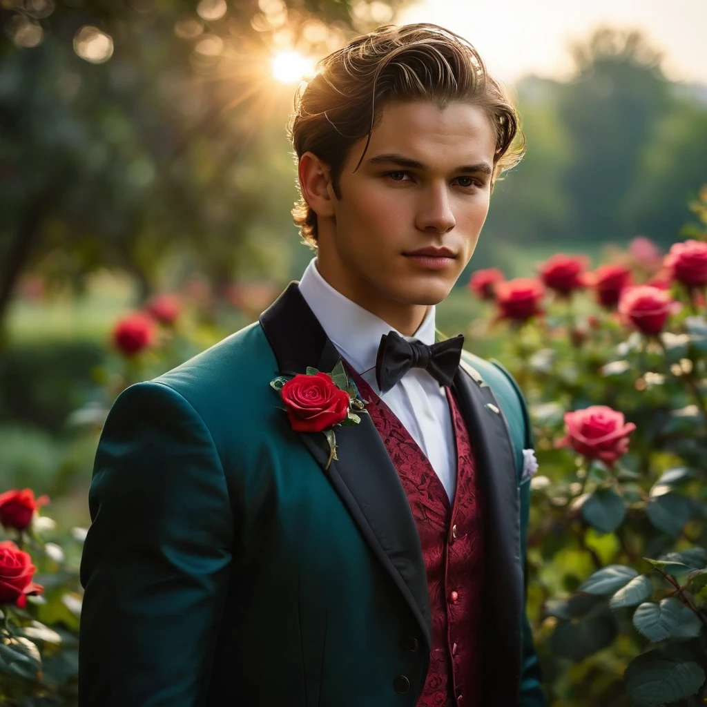 Create an image of a young man inspired by the characteristics of the rose 'The Prince.' He standing with a relaxed yet confident posture, against a red rose bush. His clothing feature deep rich dark red-purple color, with a tailored, Victorian-inspired robe adorned with intricate embroidery and subtle thorn-like details on his accessories. His attire should echo the complex, multi-petaled structure of the rose, with layers and textures that add depth to his appearance. The composition should center on the young man, with a slight off-center placement to draw the eye towards him while still incorporating of garden background. The lighting should be soft and diffused, with golden-hour sunlight filtering through the leaves, creating a warm, inviting atmosphere. Use a shallow depth of field to keep the focus on the subject while gently blurring the background, enhancing the dreamy, almost ethereal quality of the scene. The environment should be a well-tended garden, with glossy green leaves and blooming roses that match the man's attire, creating a harmonious blend between the subject and his surroundings. The atmosphere should be serene and regal, with a hint of mystery and romance. Photography techniques should include a low-angle shot to emphasize the young man's stature and elegance, and a slight tilt to add a dynamic element to the composition. Use a full-frame DSLR or mirrorless camera, such as a Canon EOS R7 paired with a prime lens like an 85mm f/1.4 to achieve a beautiful bokeh effect and sharp subject focus. by Tim Walker known for his fantastical and richly detailed fashion photography, which often features elements of nature and a dreamlike Hight quality.