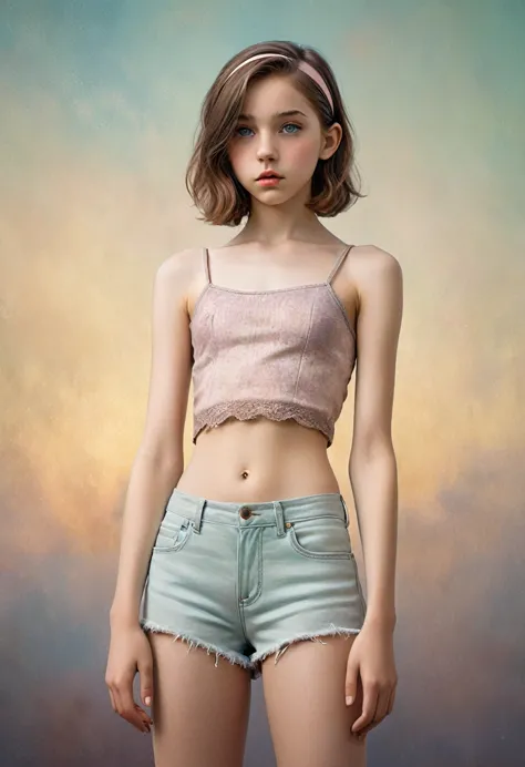 (Cinematic photo:1.3) From (Thigh-length photos:1.3),(skinny:1.3) ((CROPTOP, NAVEL)) Beautiful 12 year old girl, (complex brown ...