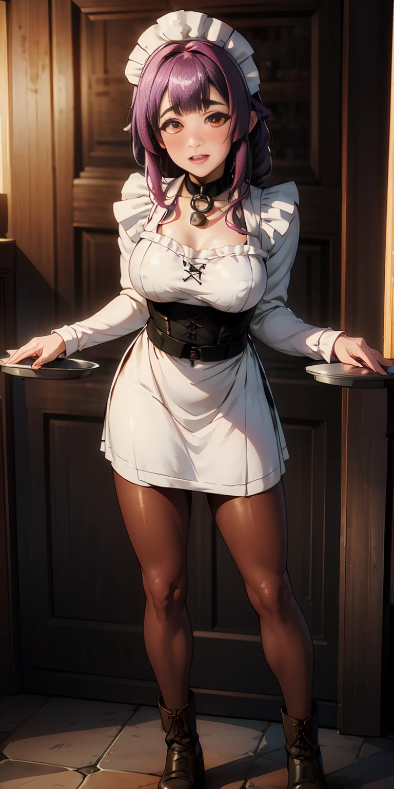 full body standing straight symmetrical, lustful smirking smile face red blush red cheeks, looking at viewer, holding tray, braid, maid headdress, maid, dress, apron, long sleeves, brown pantyhose, long leather militar boots, thighs, long white hair, masterpiece