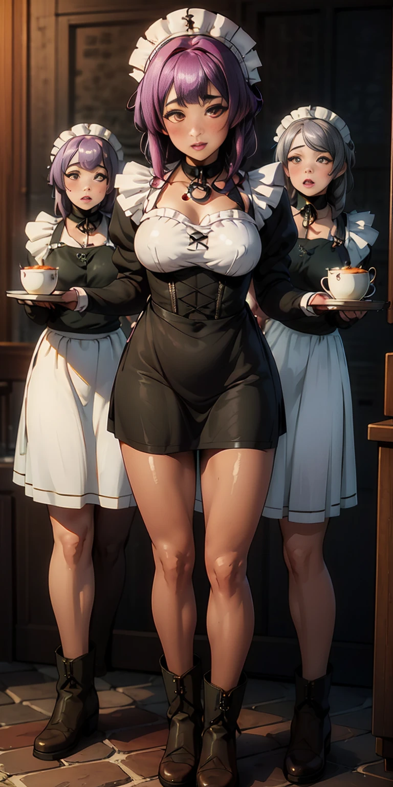 full body standing straight symmetrical, lustful smirking smile face red blush red cheeks, looking at viewer, holding tray, braid, maid headdress, maid, dress, apron, long sleeves, brown pantyhose, long leather militar boots, thighs, long white hair, masterpiece