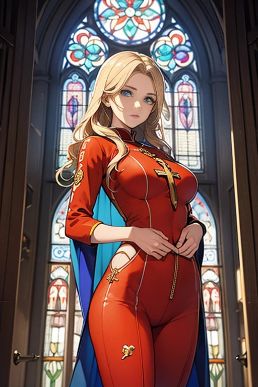 masterpiece, Highest quality, 4K, 8K, priest \(dq3\), One girl, alone, Long Hair, Blonde, blue eyes, wavy hair,Mitra, Tabard, Cross Print, Orange bodysuit, Elbow hand pockets, Large Breasts, pray, nature, church, Stained glass, Holy Light, Cowboy Shot, from the front, View the viewer, Are standing
