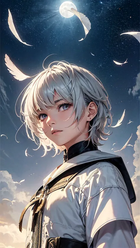 (boy \(student, 15 years old, jk, short flowing silver hair, cosmic colored eyes, black , pale skin, tired face with no sparkle ...