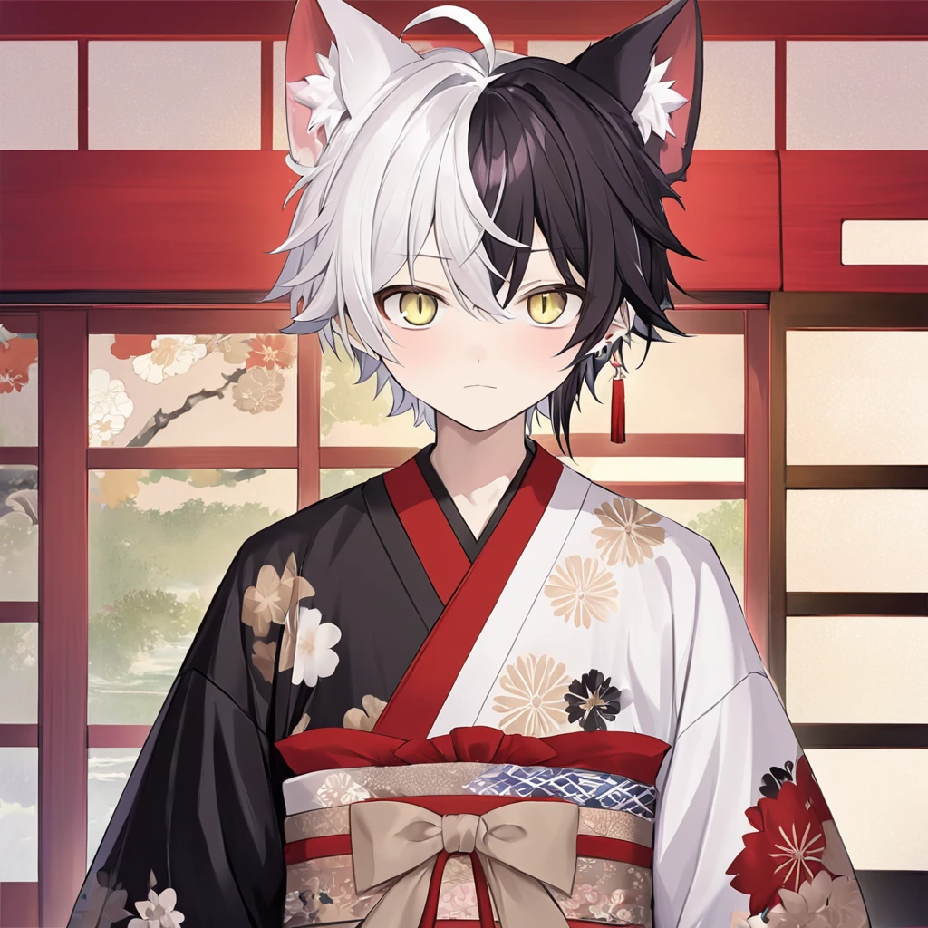 ((cat_boy)),1boy,male focus,(animal ears),white hair, short hair with single long lock,(split color kimono),(white kimono),(black kimono),(red lapel),ahoge,yellow eyes,slit pupils, dot nose,closed mouth,,single earring,obi,red sash,beige bow,print kimono,solo,alone,(close-up),((dynamic pose)),beautiful hands,finger,dynamic angle,colorful background,beautiful background,best quality, masterpiece, high resolution