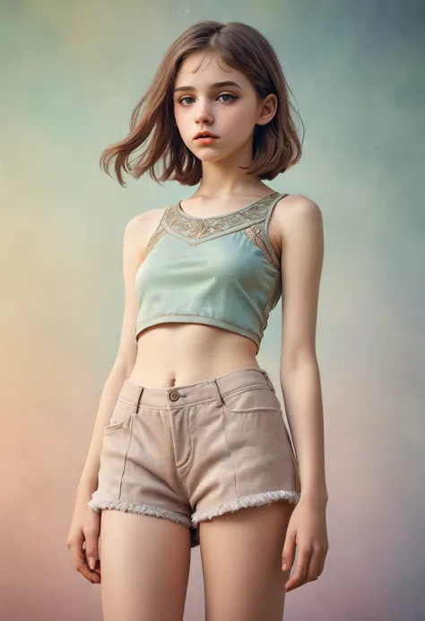 (Cinematic photo:1.3) From (Thigh-length photos:1.3),(skinny:1.3) ((CROPTOP, NAVEL)) Beautiful 12 year old girl, (complex brown ...